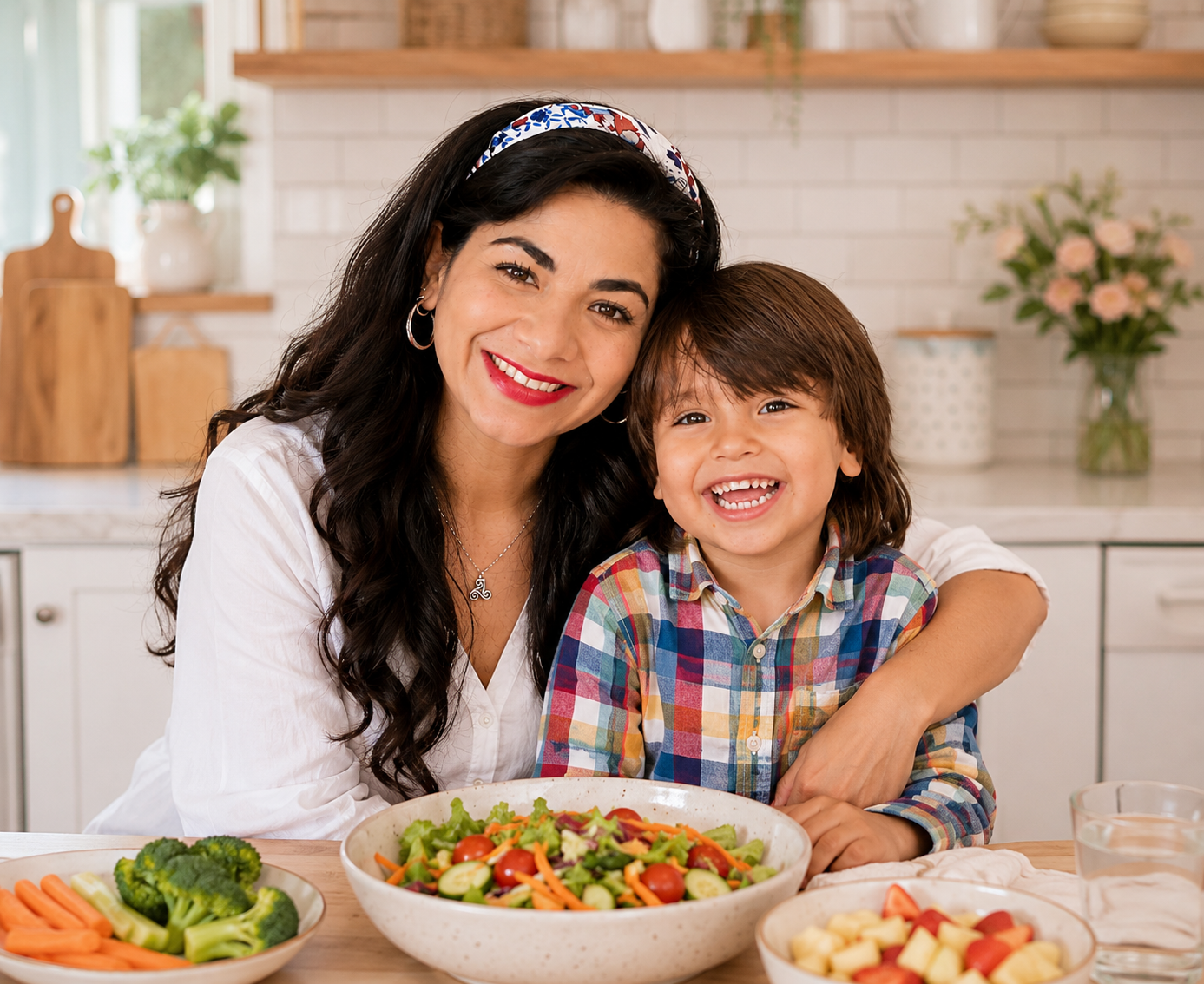 Mamá y su hijo felices comiendo en la cocina